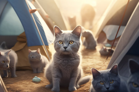 Group of cats in the tent at sunset.の素材