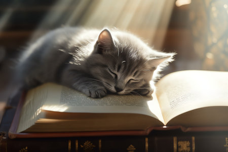 Kitten sleeping on a bookの素材