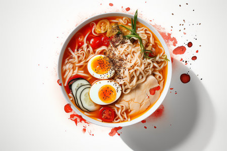 Ramen noodle soup with egg and tomato on white background.の素材