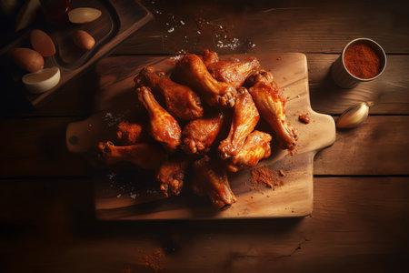 Fried chicken wings with spices on a wooden background. Toned.の素材