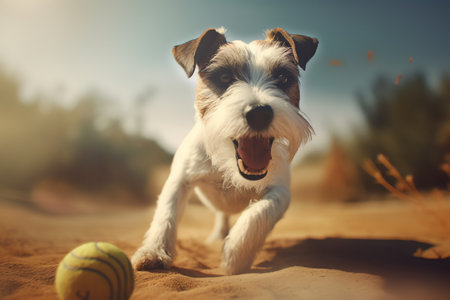 Jack Russell Terrier dog playing with a ball on the sand.の素材