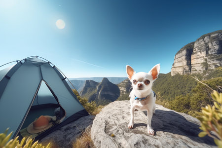 photo of a chihuahua dog camping standing in front of a tent, with a mature viewの素材