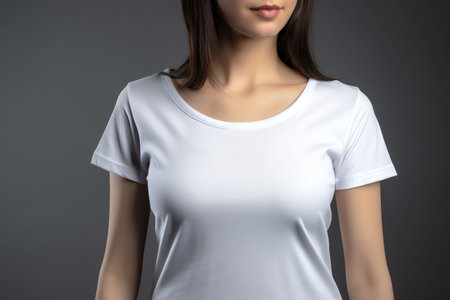 Woman wearing blank white t-shirt on gray background, Mock upの素材
