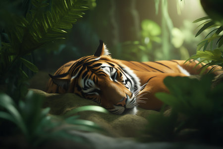 photo of a tiger sleeping in the forestの素材