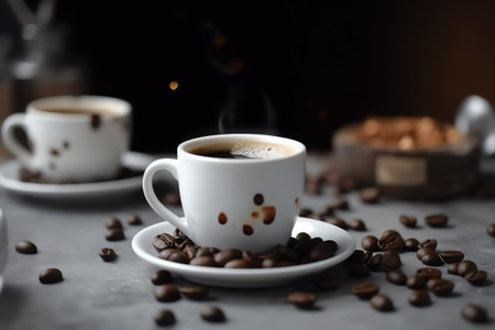 cup of hot coffee and coffee beans dynamic backgroundの素材