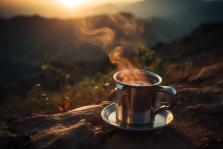 cup of hot coffee with nature viewの素材