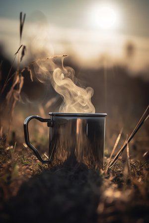 a cup of coffee with amazing nature viewの素材