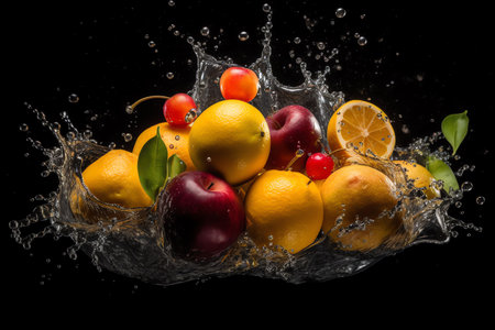 Photo group of fresh fruits with splash water Generative AIの素材