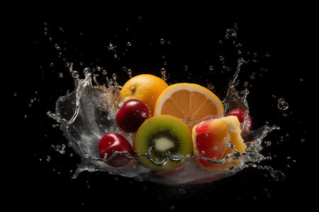 Photo group of fresh fruits with splash water Generative AIの素材