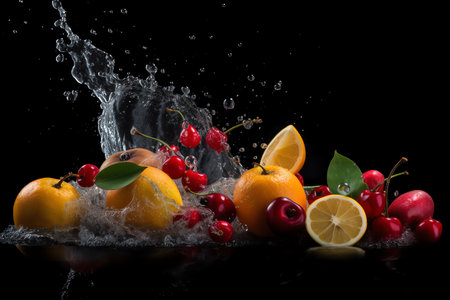 Photo group of fresh fruits with splash water Generative AIの素材