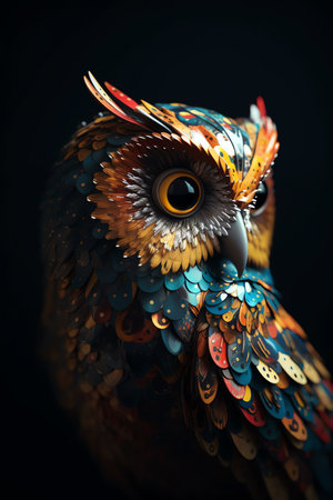 Photo an owl with colorful feather, generative aiの素材