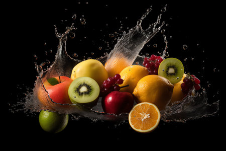 Photo group of fresh fruits with splash water Generative AIの素材
