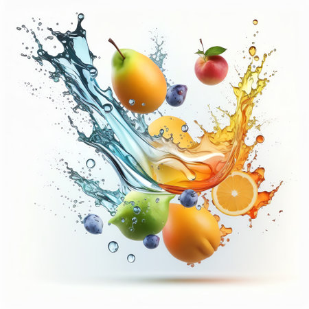 Photo group of fresh fruits with splash water Generative AIの素材