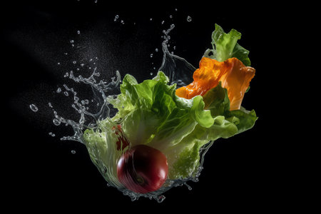 Vegetables in water splash, isolated on black background. Healthy food concept.の素材
