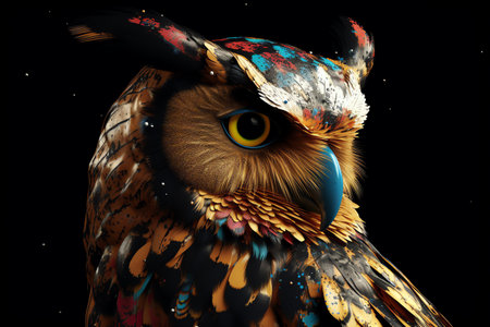 Photo an owl with colorful feather, generative aiの素材