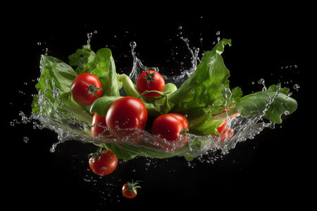 Fresh vegetables with water splash isolated on black background. Healthy food concept.の素材