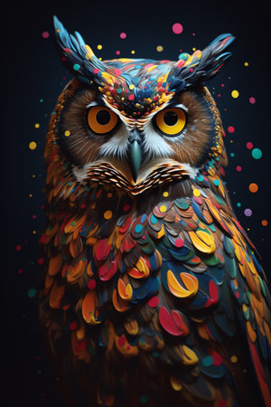 Photo an owl with colorful feather, generative aiの素材