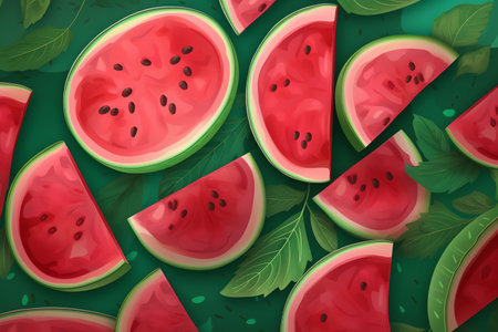 photo ripe watermelon slices on a green background generative aiの素材