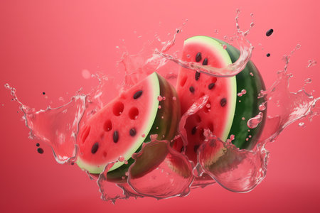 photo ripe watermelon slices on a red background generative aiの素材