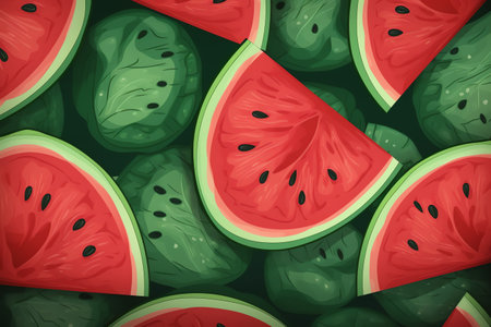photo ripe watermelon slices on a green background generative aiの素材