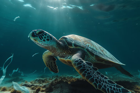 turtles swimming in the sea full of plastic generative aiの素材