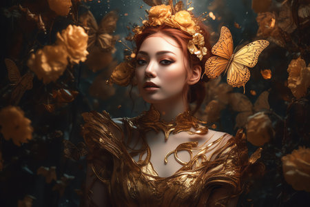 Photo a beautiful woman with butterflies decoration generative aiの素材