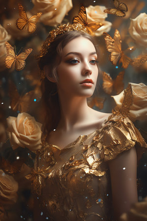 Photo a beautiful woman with butterflies decoration generative aiの素材