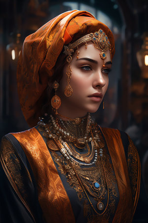 Portrait of a beautiful young woman in a turban on her head.の素材