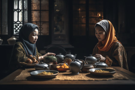 Muslim woman and her daughter in traditional clothes sitting at table in oriental kitchenの素材