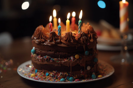 Birthday cake with candles on table in cafe, closeup viewの素材