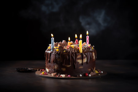 Birthday chocolate cake with burning candles on dark background, closeupの素材