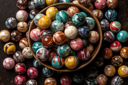 Colorful marbles in a wooden bowl on a dark background.の素材