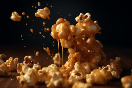 close up view of popcorn splashes on wooden surface isolated on blackの素材