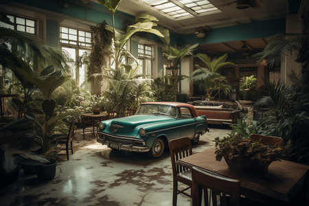 Retro car in the garden, vintage and retro style, vintageの素材