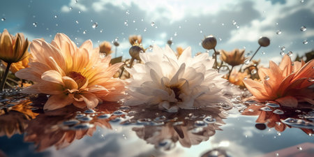 Beautiful daisy flowers with drops of water on blue sky backgroundの素材