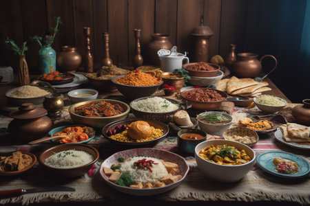 Traditional indian food on wooden background. Assorted Indian dishes.の素材