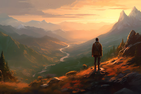 Hiker on the top of the mountain at sunrise. Digital paintingの素材
