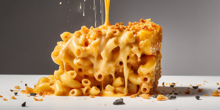 Macaroni and cheese with splashes melted cheese on a gray background.の素材
