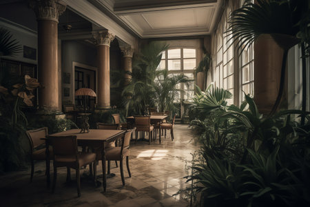 Luxury restaurant interior with a lot of plants. 3d rendering.の素材