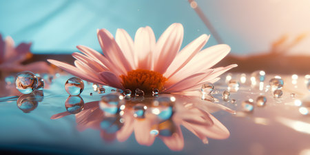 Beautiful daisy flower and water drops on blue background, closeupの素材