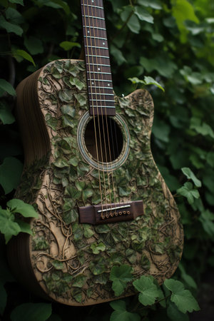 Guitar on green leaves background. Acoustic guitar in the garden.の素材