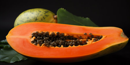 Papaya fruit with black seeds and green leaves on black backgroundの素材