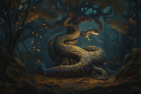 3D rendering of a fantasy forest with a snake in the forestの素材