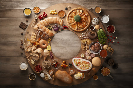 Top view of round wooden table with different food products and space for textの素材