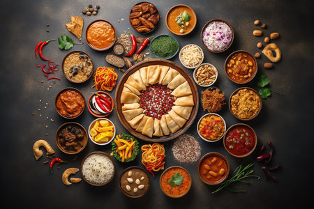 Assorted Indian snacks and appetizers in bowls on dark background.の素材