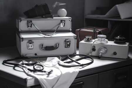 Stethoscope and medical equipment on a table in a hospital.の素材