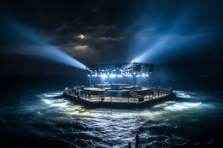 Night view of the stage in the sea with lights and smoke.の素材