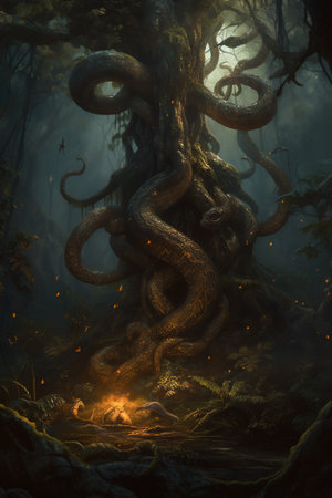 Mystical dark forest with big tree roots. Halloween concept.の素材