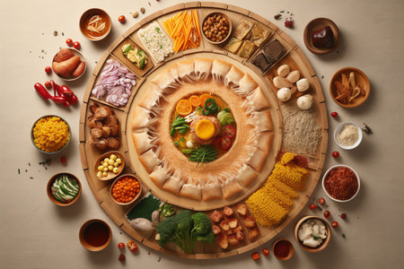 Composition with delicious pita bread, vegetables and spices on tableの素材
