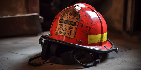 firefighter helmet with fire extinguisher on the floor in a dark roomの素材